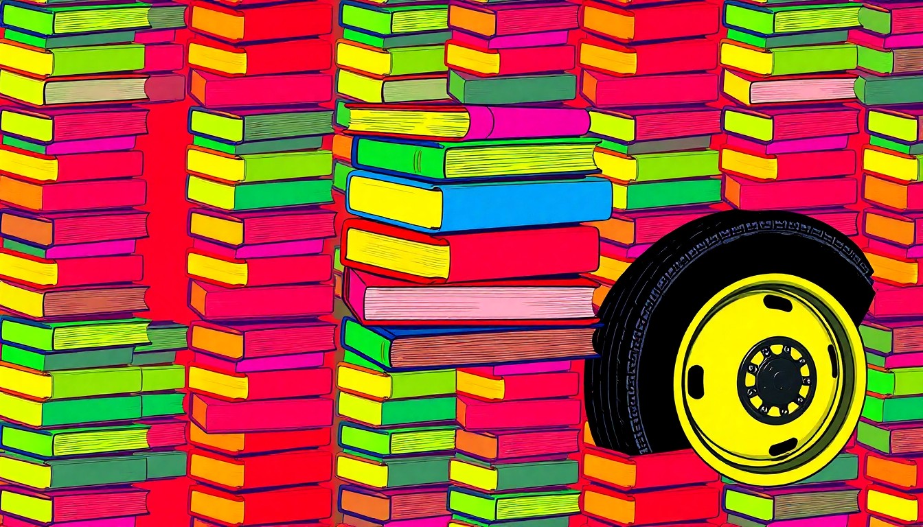 A bold, graphic illustration in the style of Andy Warhol's pop art, featuring repeating silkscreen images of school supplies and equipment in a grid of bright, neon colors and heavy black outlines, conceptually representing the importance of recognizing all education employees.