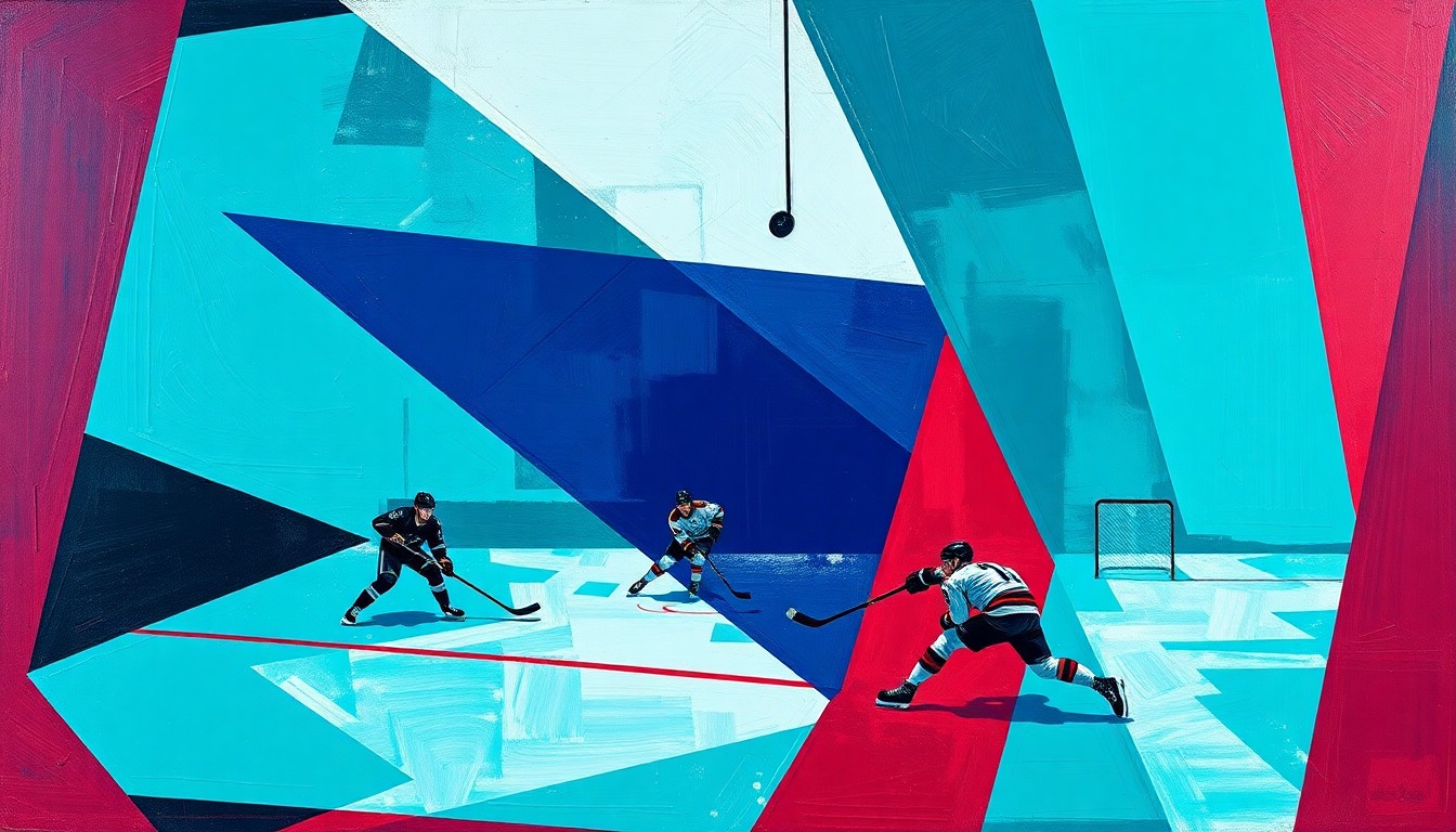 A fractured, geometric painting depicting a hockey game in progress, with players and the puck represented through sharp, overlapping shapes in a vibrant color palette, conveying the energy and complexity of Macklin Celebrini's standout season.