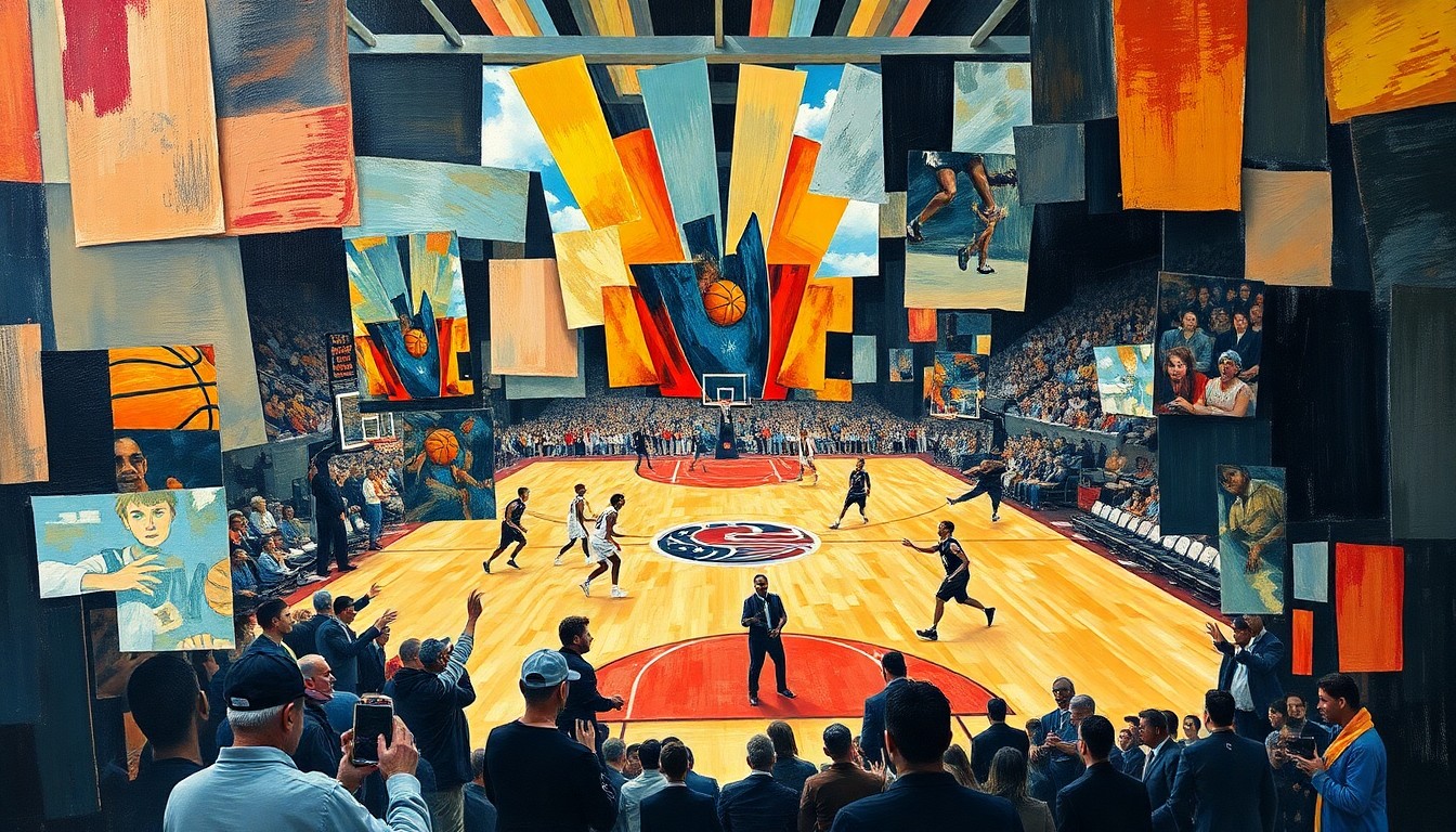 A cubist-style painting featuring sharp, overlapping geometric shapes and planes that abstractly represent the chaotic scene of a physical altercation between basketball players during a heated game, conveying the escalating tensions and lack of sportsmanship in the sport.