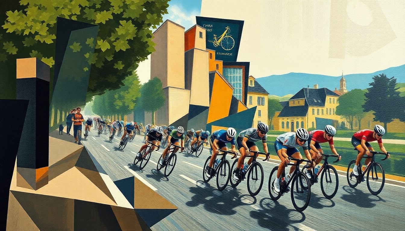 A cubist, geometric painting depicting a fragmented cycling race, with overlapping planes of color and shape representing the sport's evolving dynamics.