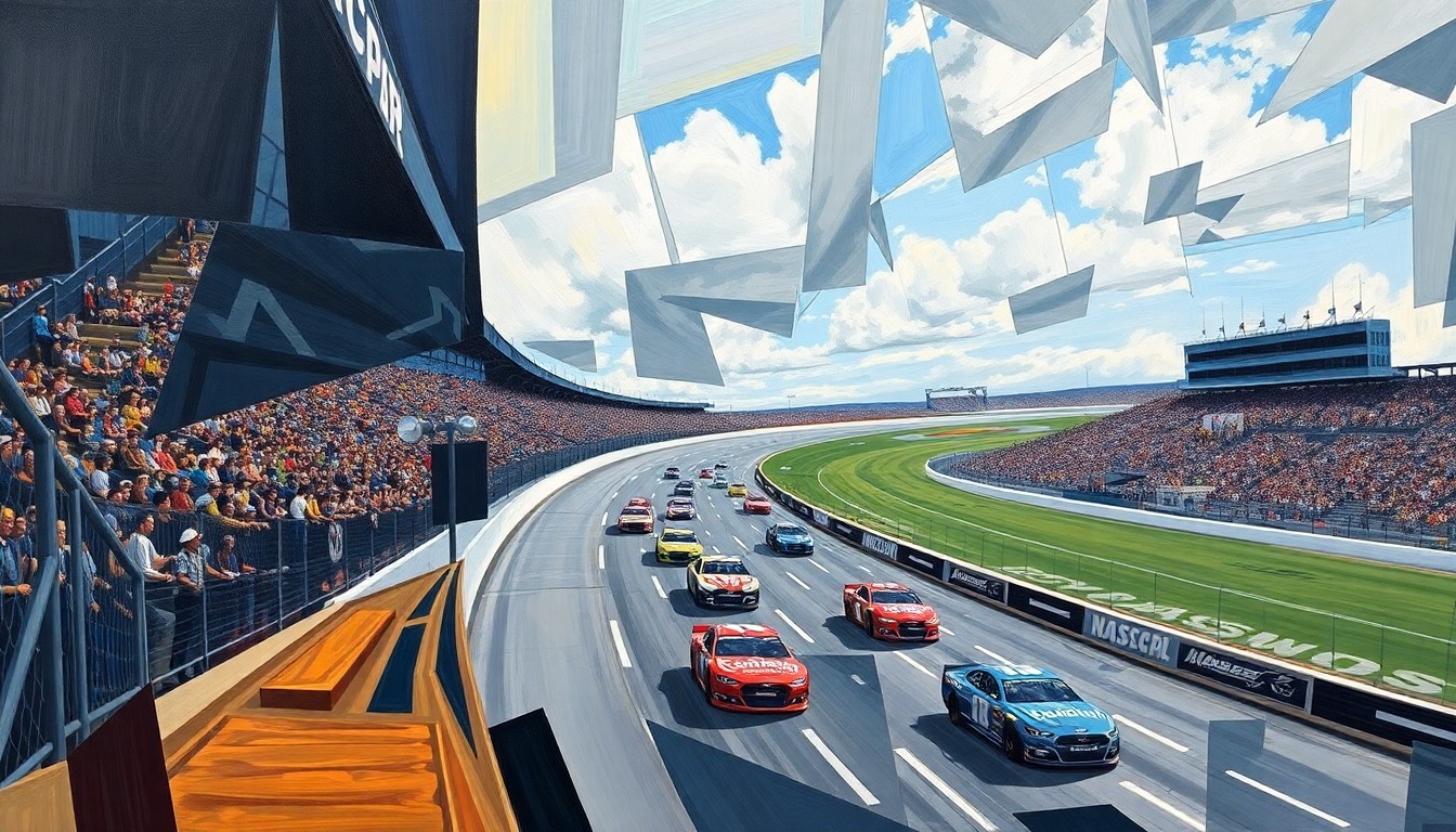 A cubist-style painting depicting a NASCAR race at Bristol Motor Speedway, with the track and cars broken down into sharp, overlapping geometric shapes and planes in vibrant colors, capturing the dynamic energy and unpredictability of the event.