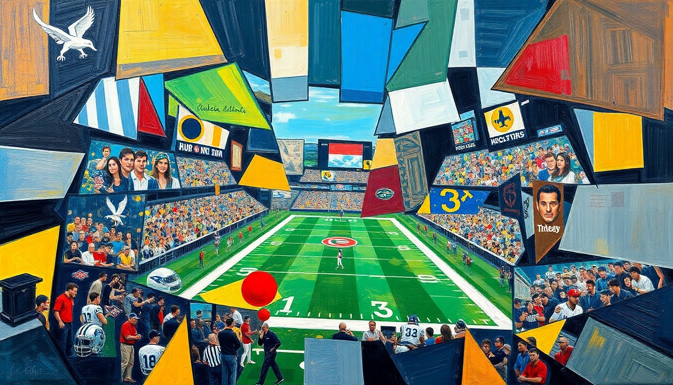 A cubist, geometric painting depicting fragmented scenes of football players and NFL draft prospects, conveying the complex and multifaceted nature of the Bengals' cornerback-focused draft strategy.