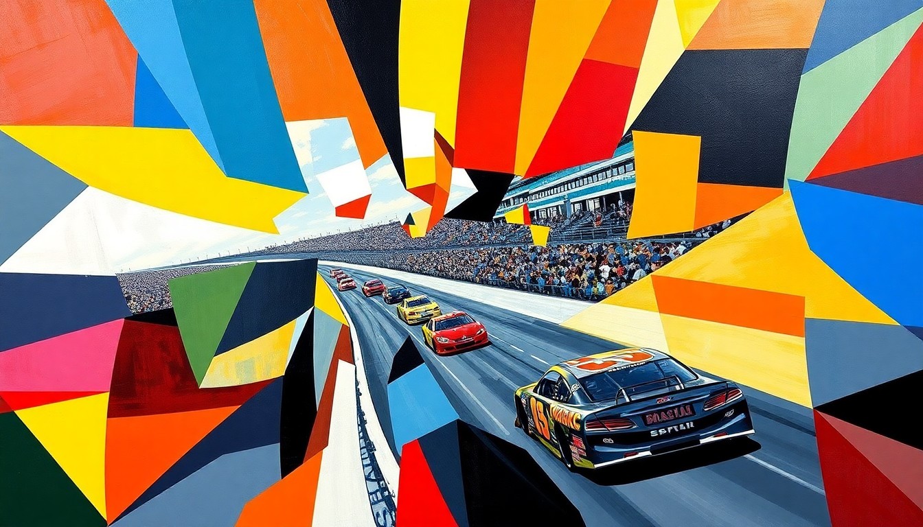 A fractured, geometric painting in bold colors depicting the chaotic motion and energy of a NASCAR race at Bristol Motor Speedway, with cars and the track broken down into abstract shapes and planes.