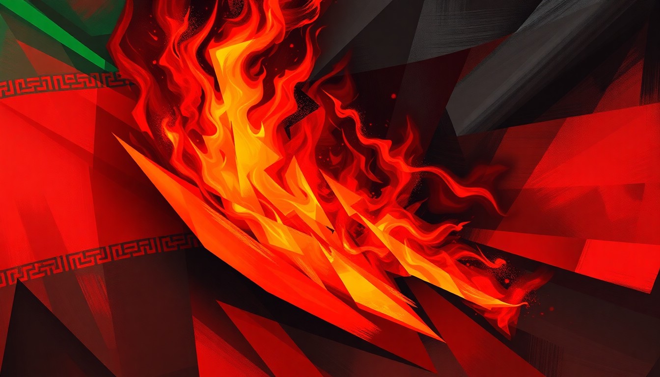 A dynamic, abstract painting depicting the chaos and violence of the Iranian protests, with overlapping, fractured shapes and brushstrokes in shades of red, orange, and black, conveying the sense of unrest and upheaval.