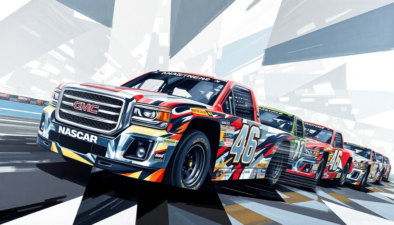 A fractured, multi-perspective painting featuring abstracted, overlapping geometric shapes representing the NASCAR Craftsman Truck Series race at Rockingham Speedway, capturing the dynamic energy and motion of the competition.
