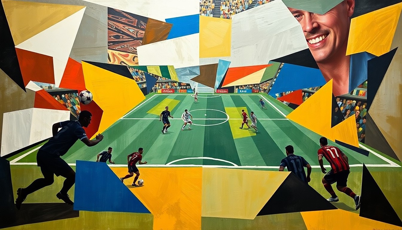 A fragmented, geometric painting depicting the dynamic movements and strategic interplay of a football match, with players and the field rendered in abstract, overlapping shapes and planes.