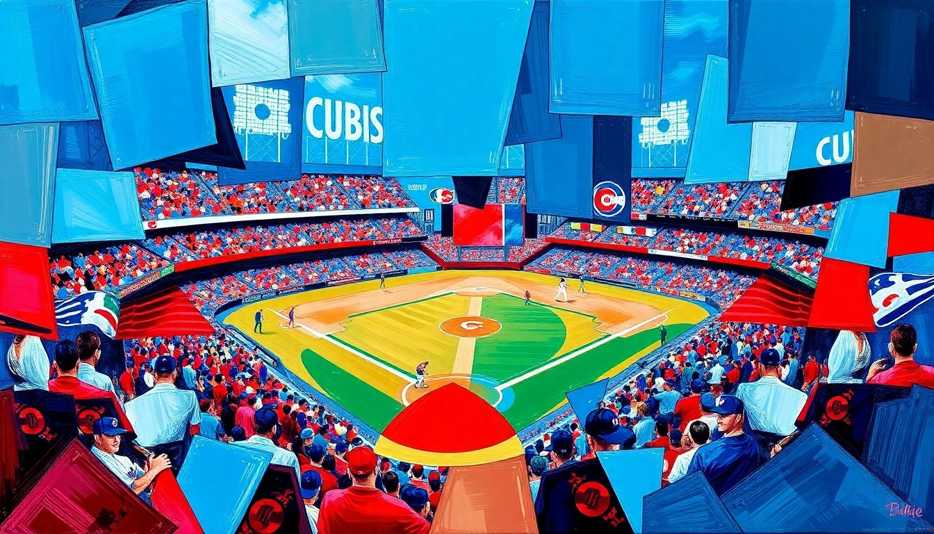A fractured, multi-perspective painting depicting a baseball game or match, with sharp, overlapping geometric planes in the Phillies' red and blue colors along with hints of the Cubs' blue, conceptually representing the strategic changes to the Phillies' lineup.
