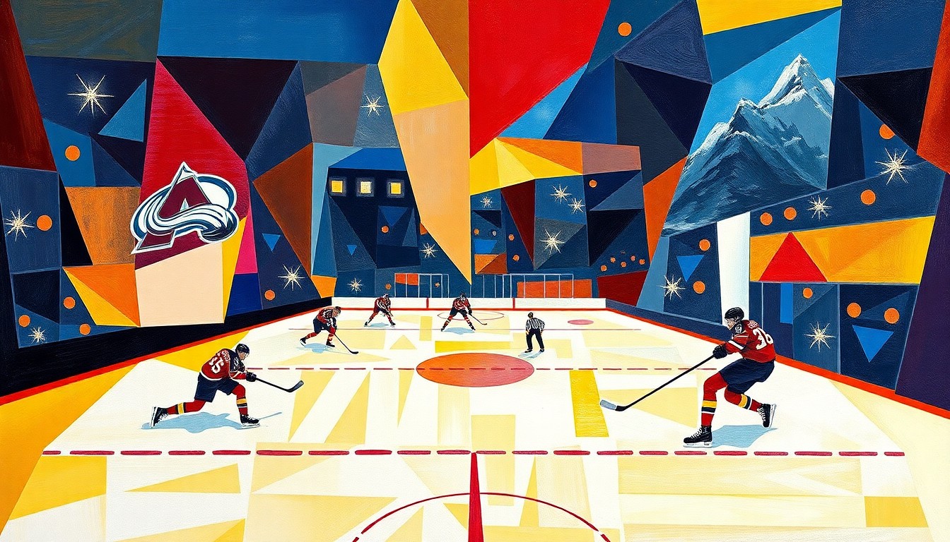 A fractured, cubist-style painting depicting the dynamic action of a hockey game, with the players and puck represented through bold, angular shapes and vibrant colors, conceptually illustrating the Avalanche's sustained success and dominance in the 2026 NHL season.