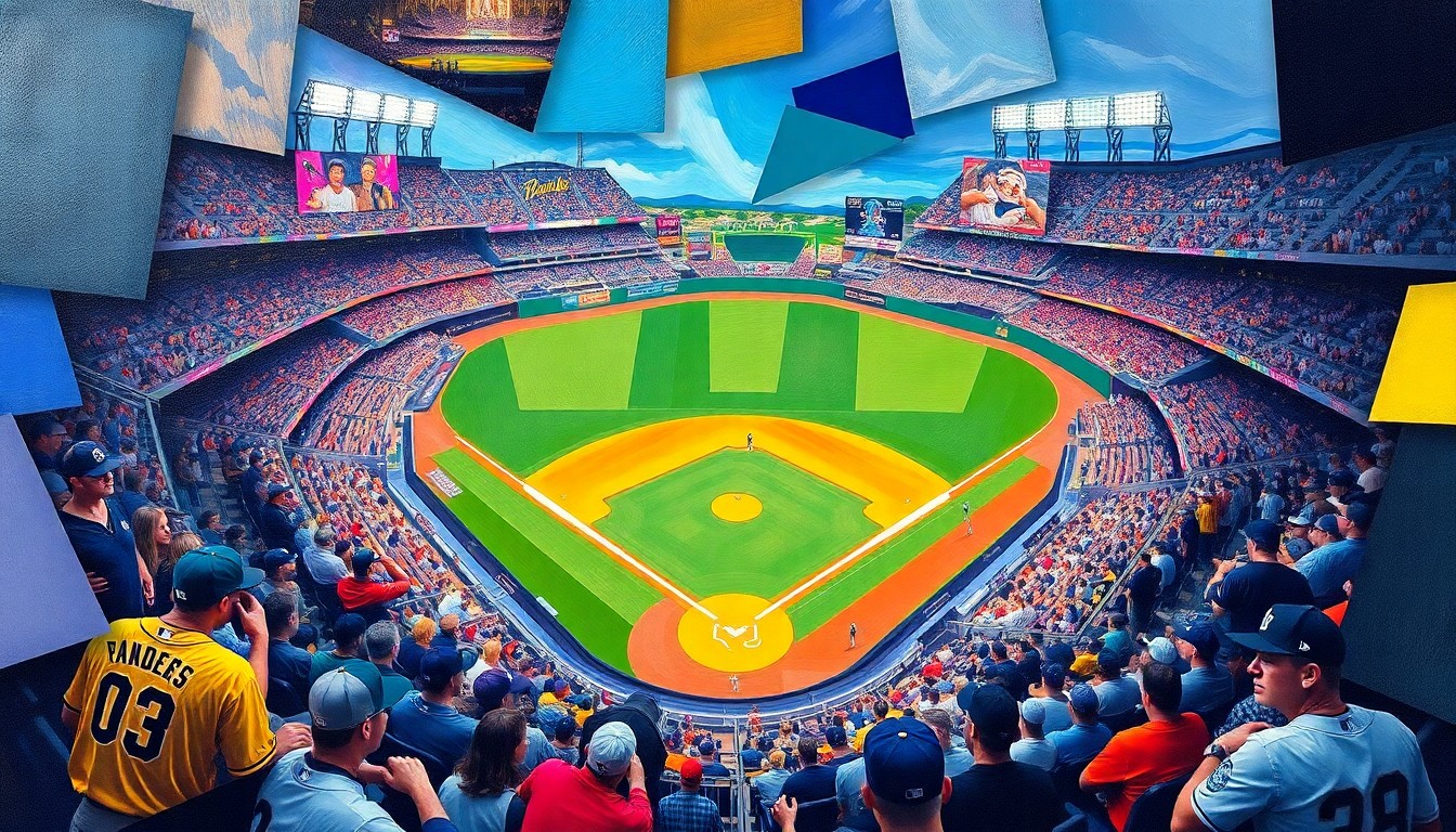 A fractured, geometric painting depicting a baseball game, with sharp, overlapping planes of color representing the players and action on the field.