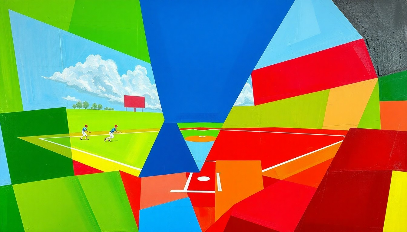 A fragmented, geometric painting in bold colors depicts the intense competition and momentum shifts of a high school softball game, with overlapping planes representing the players, field, and action.