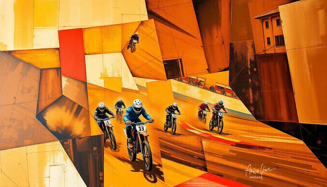 A cubist, geometric painting depicting a dirt track race, with overlapping planes of earthy browns, deep reds, and dusty yellows, capturing the dynamic and competitive nature of the sport.