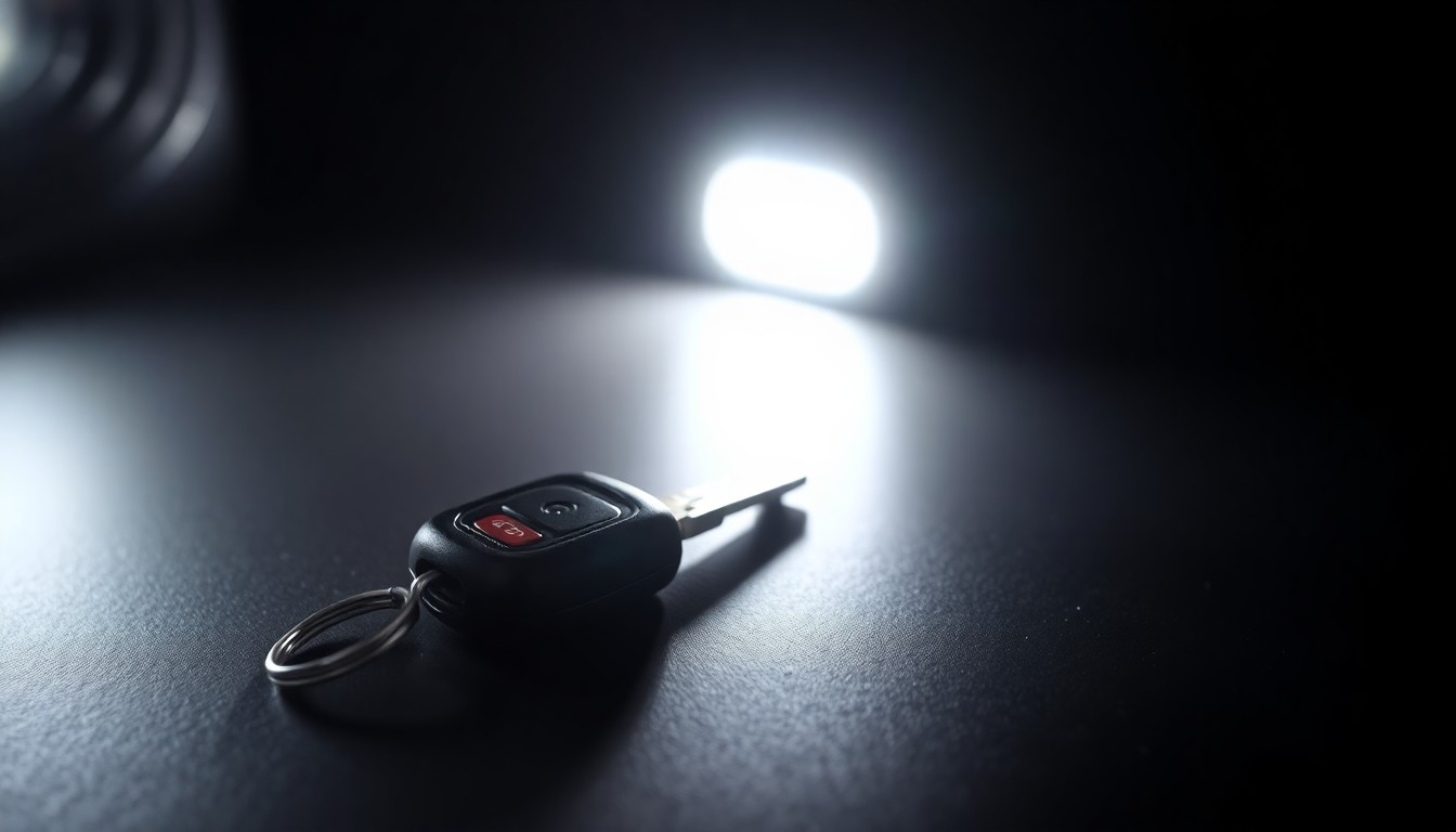 An extreme close-up photograph of a single car key on a dark surface, lit by a harsh, direct camera flash, conceptually representing the investigation into a missing person case.