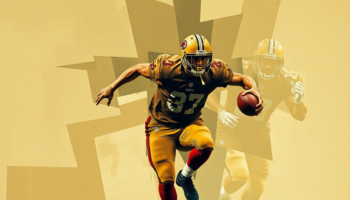 A fragmented, geometric painting depicting a football player in mid-motion, their form broken down into sharp, overlapping planes of muted earth tones, capturing the dynamic energy of the sport.