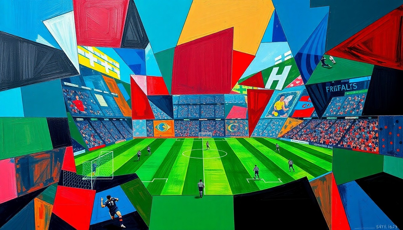 A cubist, geometric painting depicting a fragmented American football game, with sharp planes of color and overlapping perspectives conveying the disruptive nature of the NFL's midweek kickoff experiment.