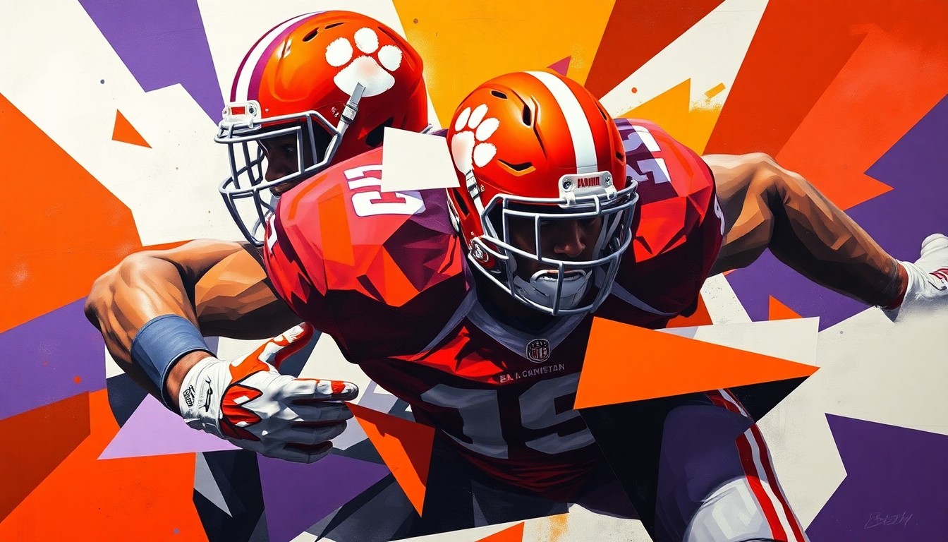 A cubist, geometric painting depicting the explosive movements and power of a football defensive lineman, with sharp, overlapping planes in Clemson's signature colors of orange, purple, and white.