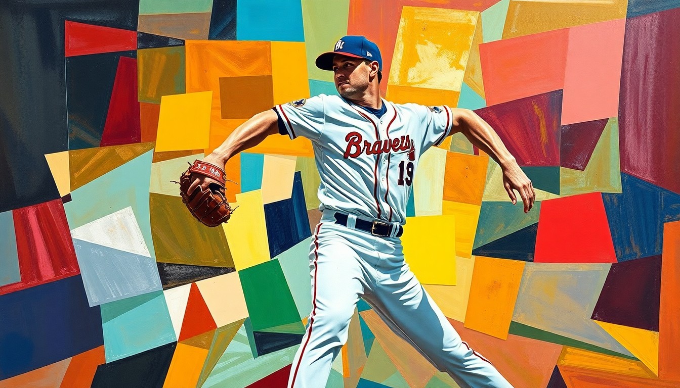 A fragmented, cubist-style painting depicting a baseball pitcher's throwing motion, with sharp geometric shapes in the colors of the Guardians and Braves uniforms, conveying the dynamic energy of the sport.