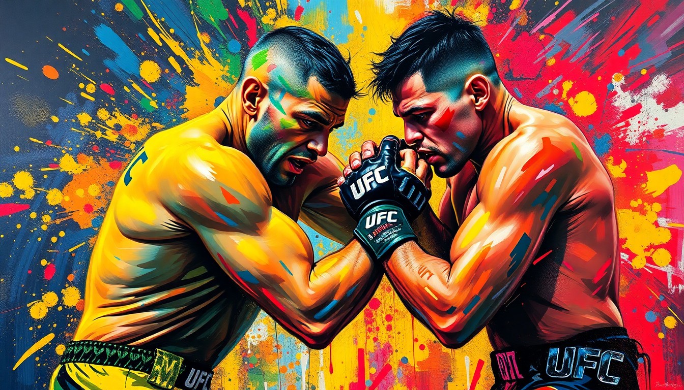 An abstract, expressionist painting in neon colors depicting the intense grappling and striking movements of two UFC fighters, their faces and identities obscured by the dynamic brushstrokes.