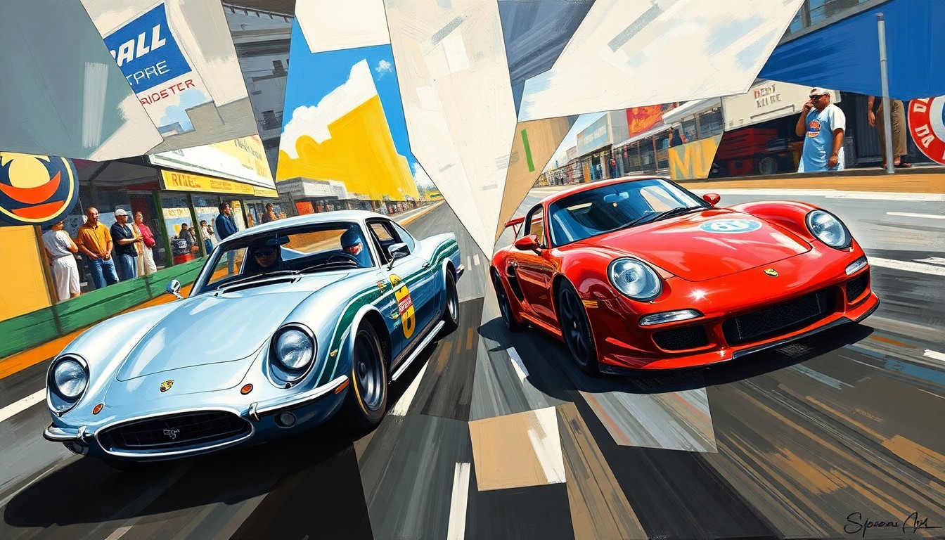 A cubist, geometric painting depicting the chaotic scene of a Sebring race, with the Cadillac and Porsche cars represented as abstract, angular forms, capturing the drama and emotion of the disqualification incident.