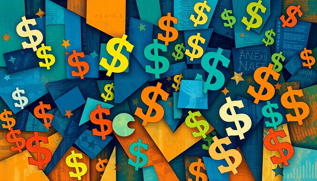 A dynamic, abstract painting featuring overlapping, geometric shapes and patterns in shades of blue, green, and orange, conceptually representing the complex legal and regulatory landscape surrounding prediction market platforms.