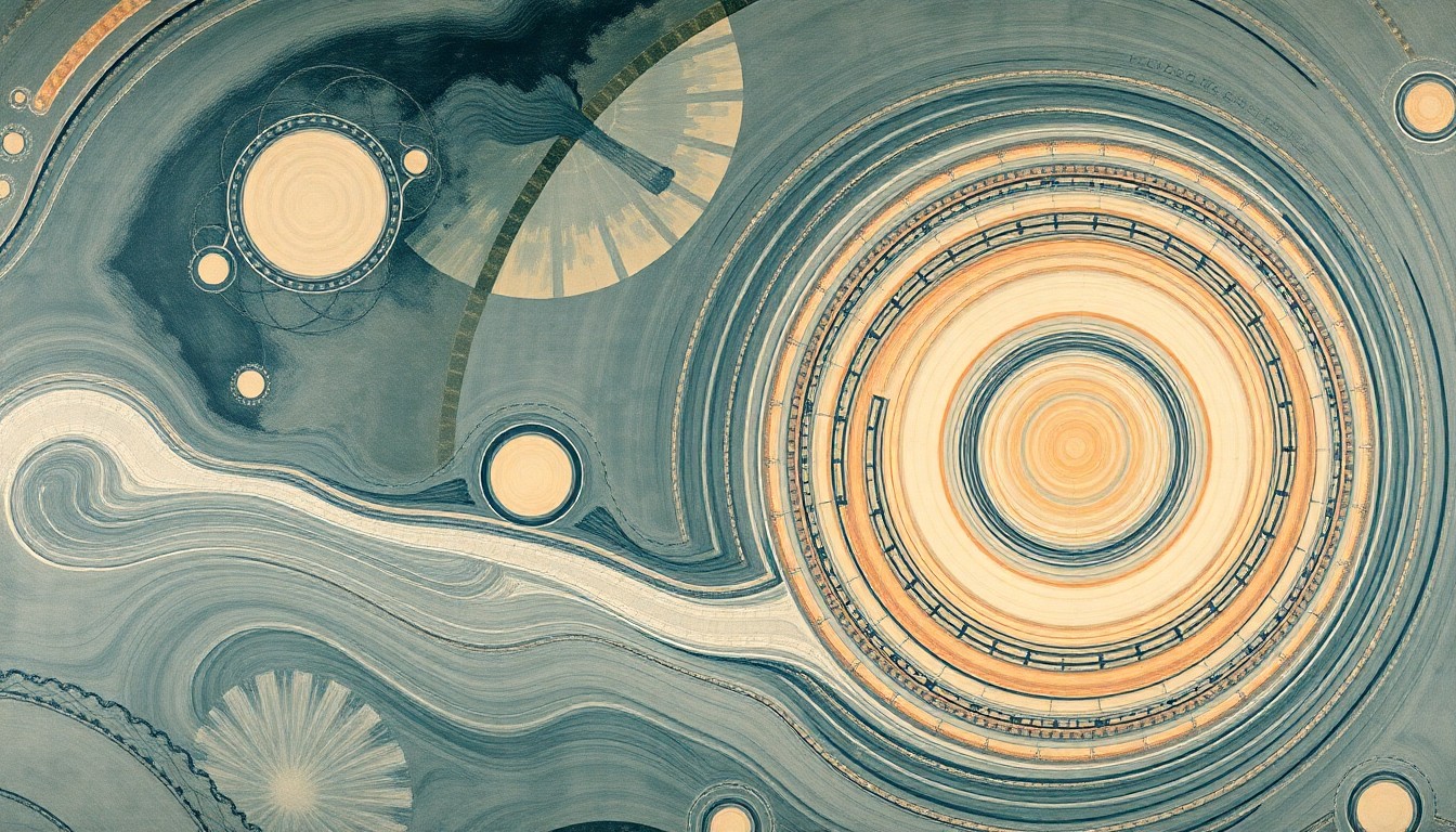 An abstract, highly structured painting in soft, earthy tones depicting sweeping geometric arcs, concentric circles, and precise botanical spirals, conceptually representing the complex evolutionary relationships and divergence of cephalopod lineages.