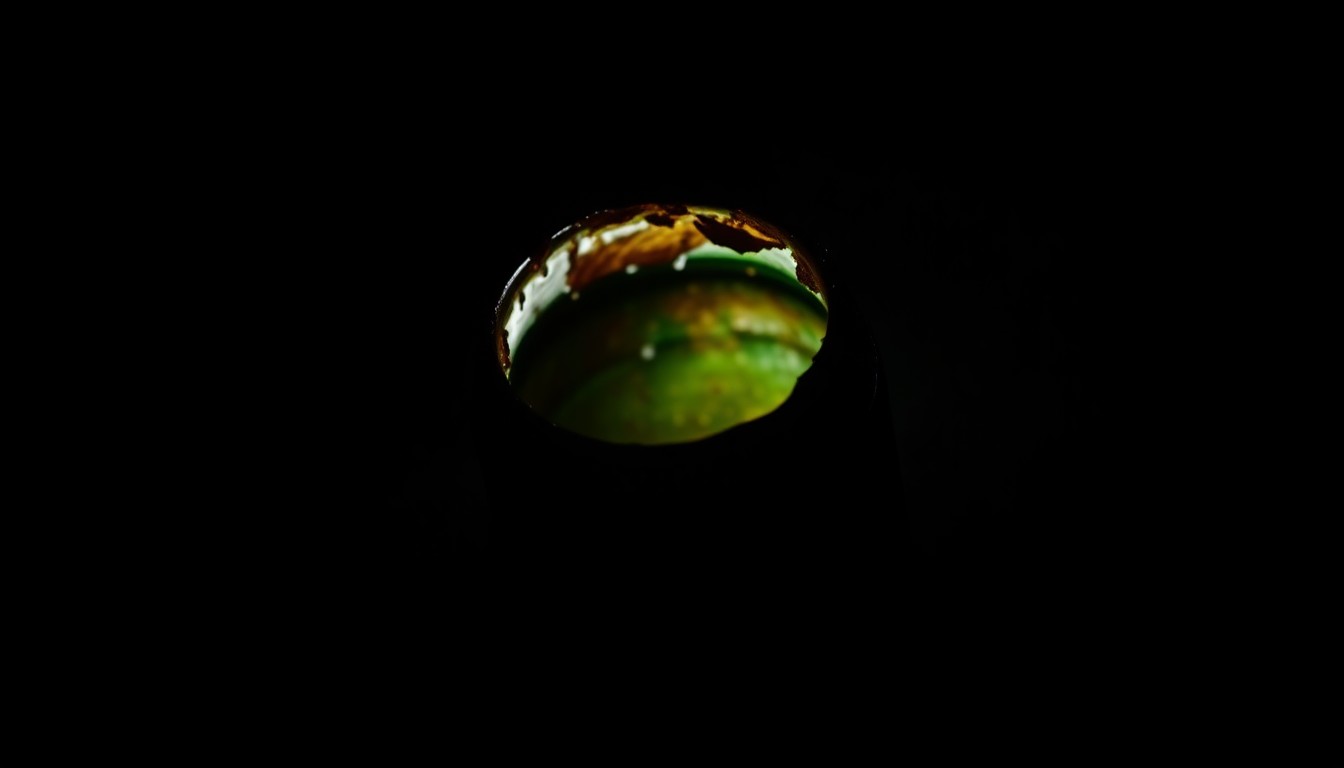 An extreme close-up of a charred, melted plastic bottle cap against a pitch-black background, conveying the gritty aftermath of a Molotov cocktail attack without depicting actual violence.