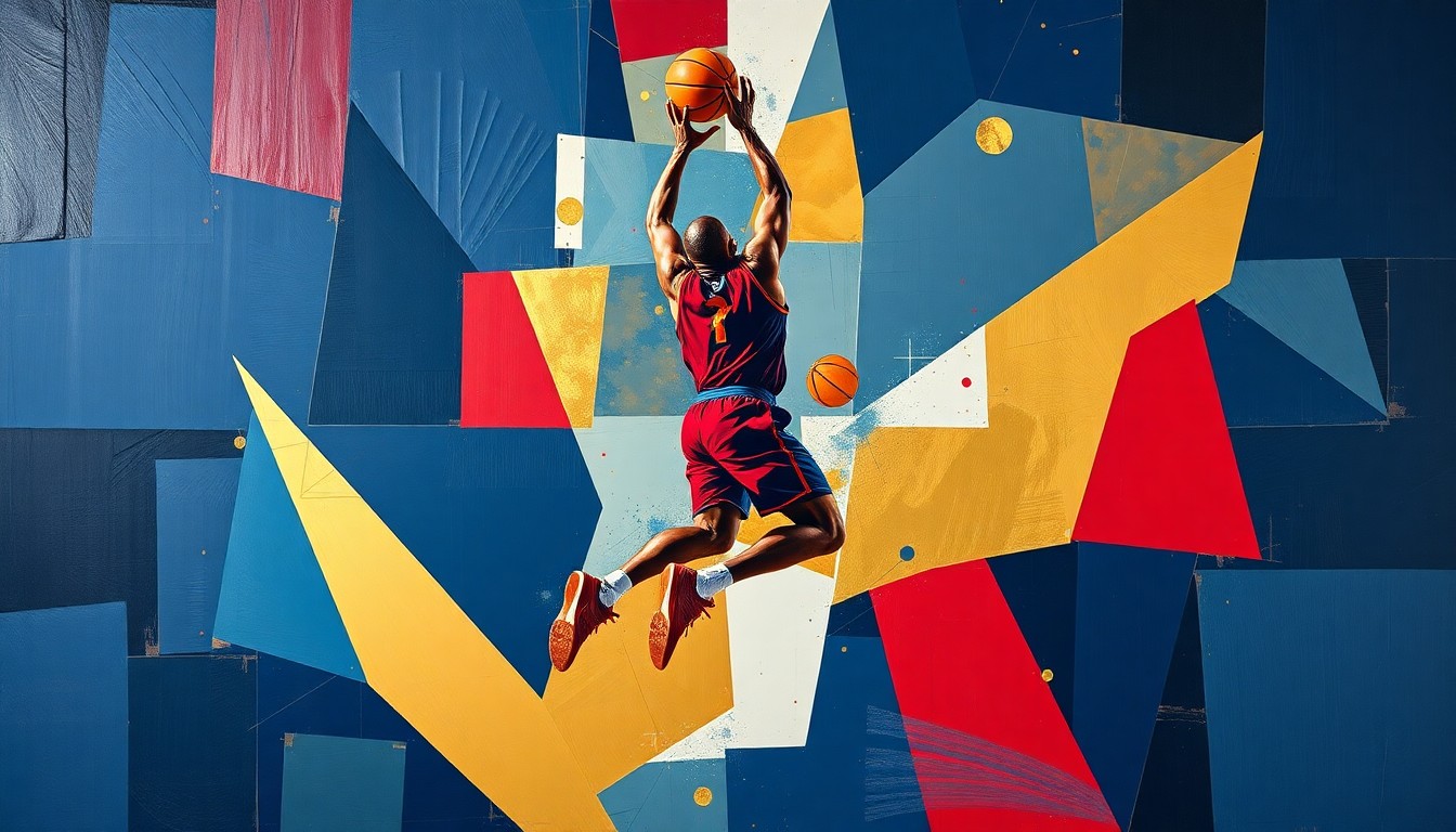 A cubist, geometric painting depicting a basketball player in mid-jump shot, with the figure broken into overlapping planes of navy, red, and gold, conveying the dynamic energy and urgency of the recruitment.