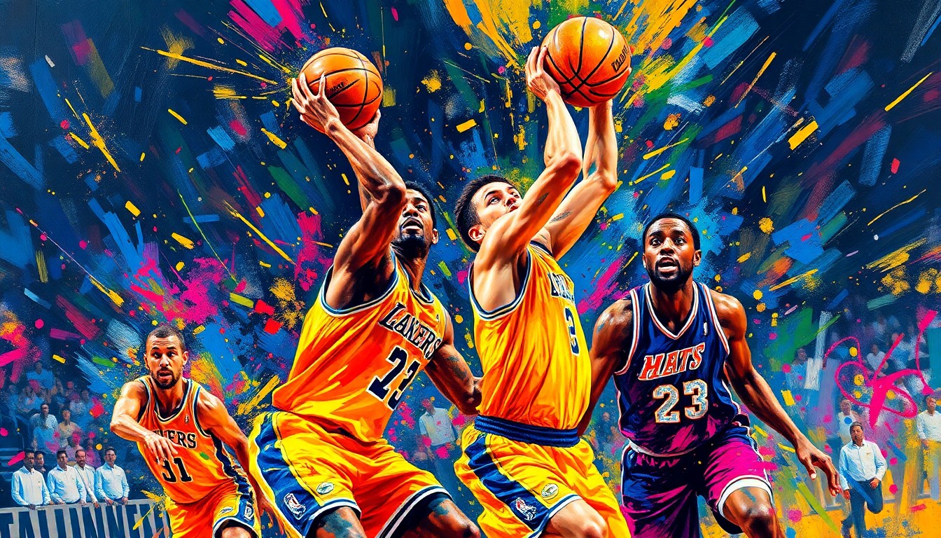 An abstract, expressionist painting in neon colors depicting the dynamic movements and energy of a basketball game, with players' forms dissolving into vibrant brushstrokes.
