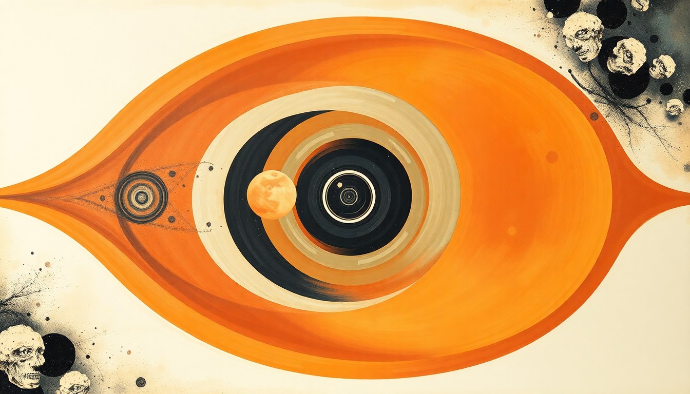 A highly structured abstract painting in soft, flat colors featuring sweeping geometric arcs, concentric planetary circles, and precise botanical spirals, conceptually representing the complex forces and concepts of the Artemis II moon mission.