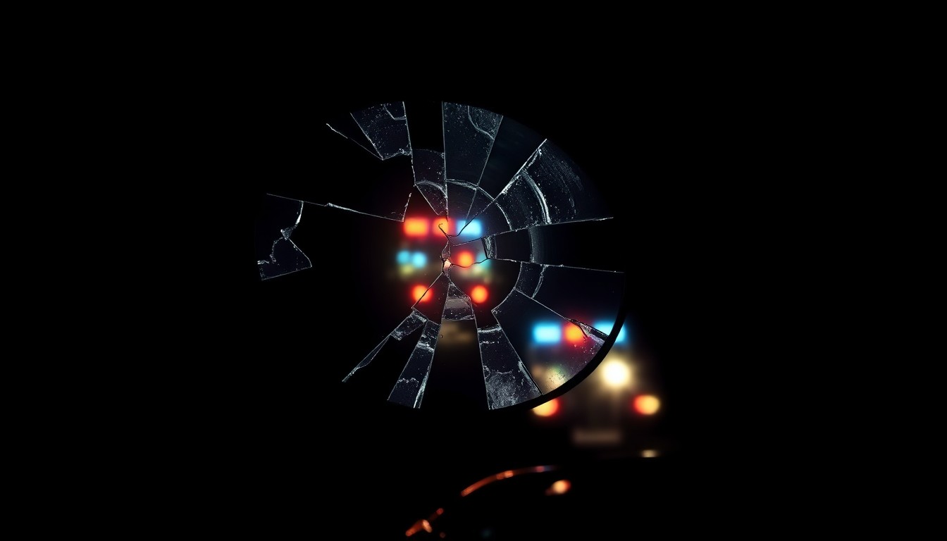 An extreme close-up of a shattered motorcycle mirror reflecting the flashing lights of emergency vehicles, creating a stark, gritty, investigative visual metaphor for the tragic motorcycle crash.