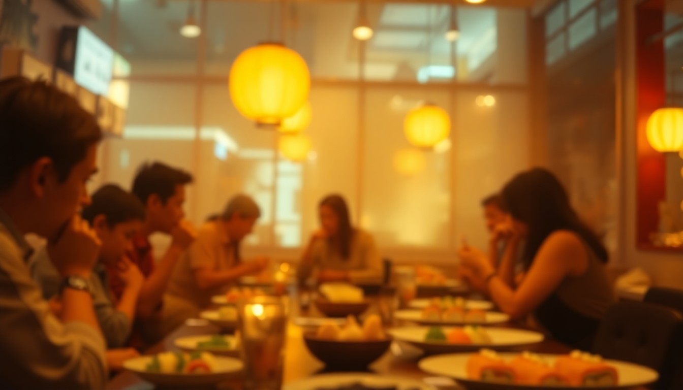 A blurred, atmospheric scene of people dining at a sushi restaurant, with the faint outlines of sushi dishes and glowing lanterns visible, capturing the mood and anticipation of the Sushi Cho soft opening.