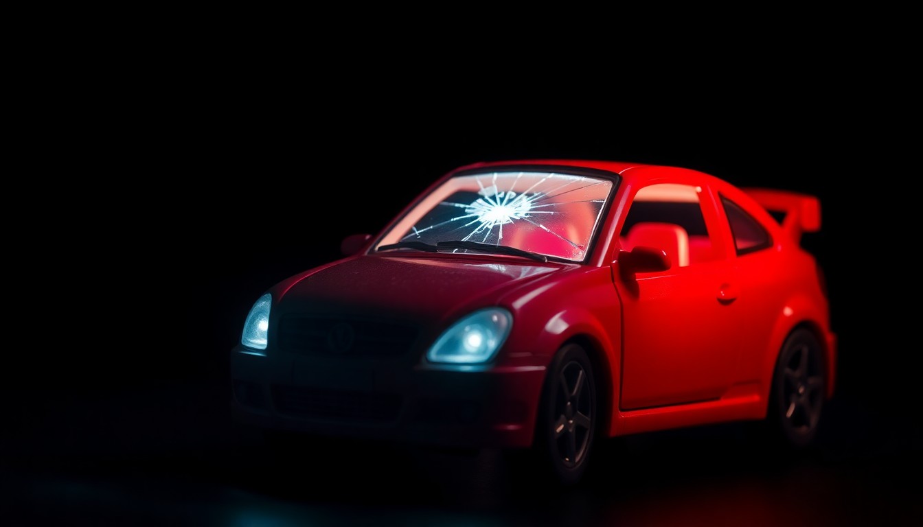 An extreme close-up photograph of a child's toy car with a cracked windshield, lit by a harsh, direct camera flash against a pitch-black background, conceptually representing the aftermath of a tragic car crash.