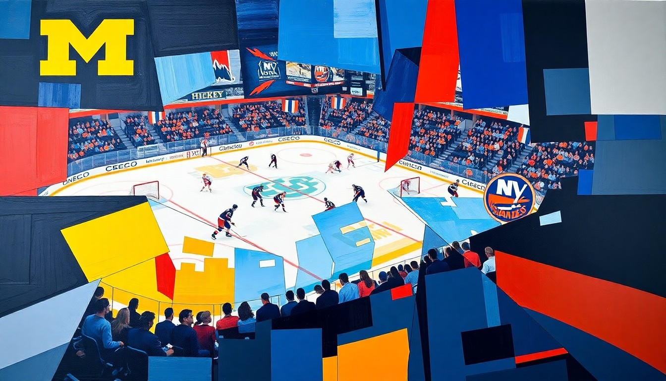 A cubist, geometric painting depicting a hockey player in motion, with sharp, overlapping planes of color representing the University of Michigan's maize and blue and the New York Islanders' blue and orange.