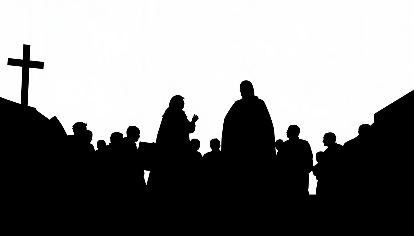 A striking black and white abstract composition featuring jagged, geometric shapes and silhouettes, conceptually representing the internal conflict within Christianity over the boundaries of artistic expression and personal identity.