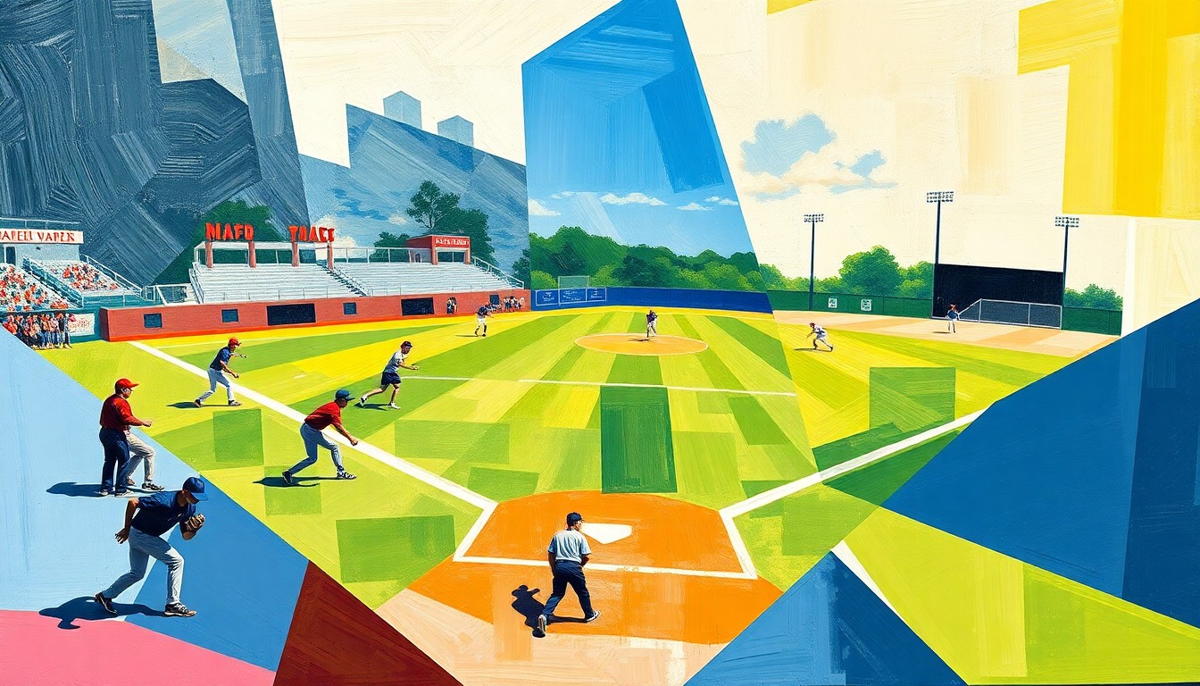 A fractured, geometric painting depicting the dynamic movements and energy of a softball game, with players and the field deconstructed into abstract shapes and angles.