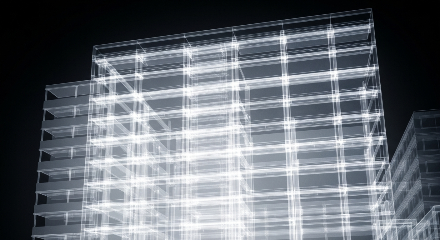 A translucent X-ray photograph revealing the internal structure of a hospital building, with glowing, ghostly lines against a dark background, conceptually representing the transition of healthcare services in Napa County.