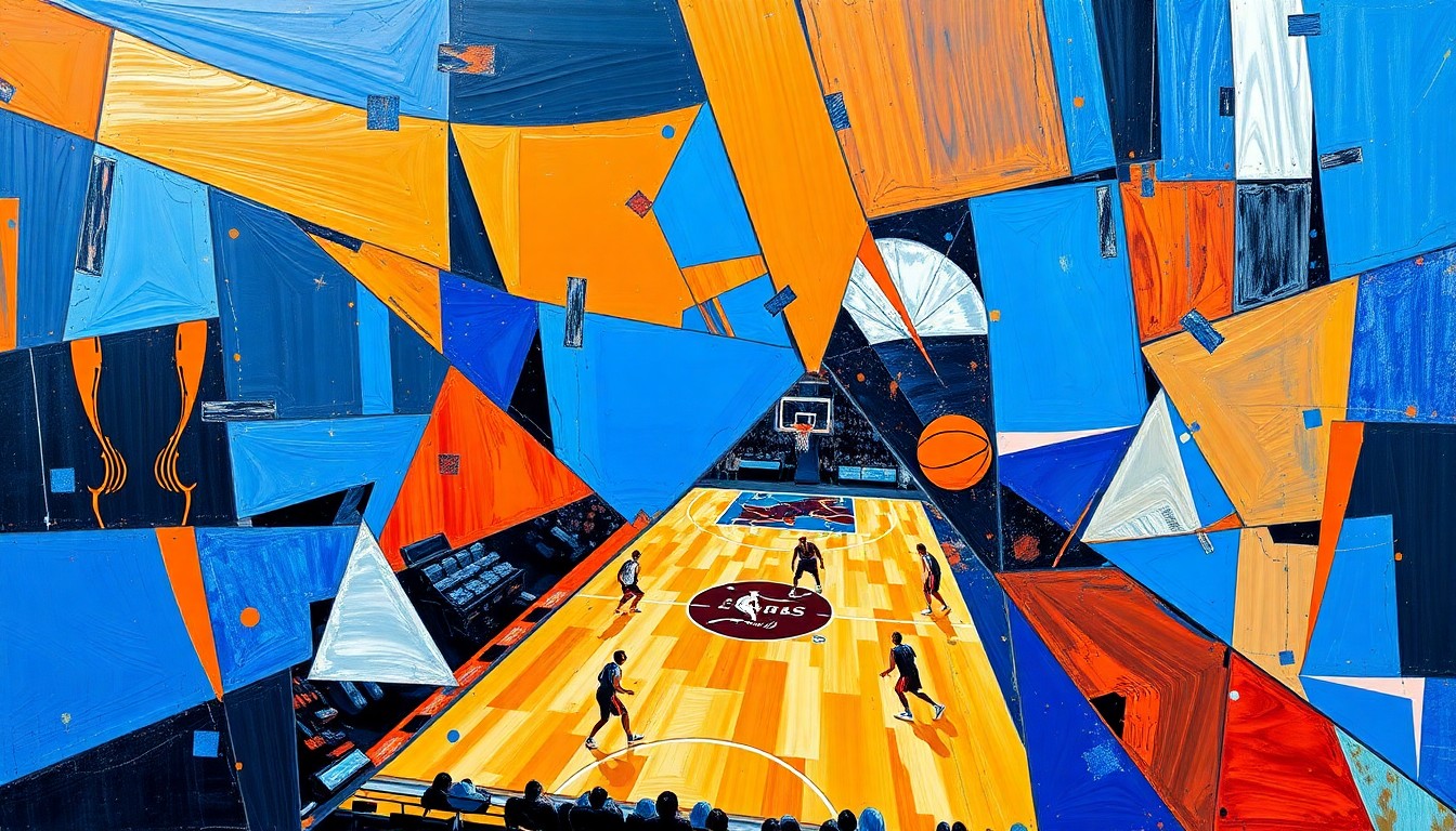 A cubist, geometric painting depicting an NBA basketball game, with players and the court broken down into sharp, overlapping planes of vibrant colors like royal blue, fiery orange, and metallic silver, conceptually representing the intense competition and shifting dynamics of the league's second-quarter power rankings.