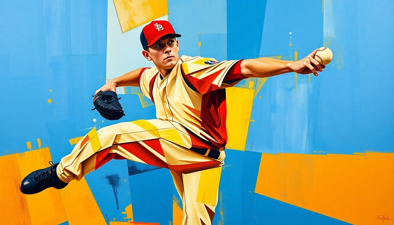 A cubist, geometric painting depicting a baseball pitcher's motion broken down into sharp, overlapping planes of vibrant colors, conceptually representing the constant refinement and adaptation of pitching skills during Spring Training.