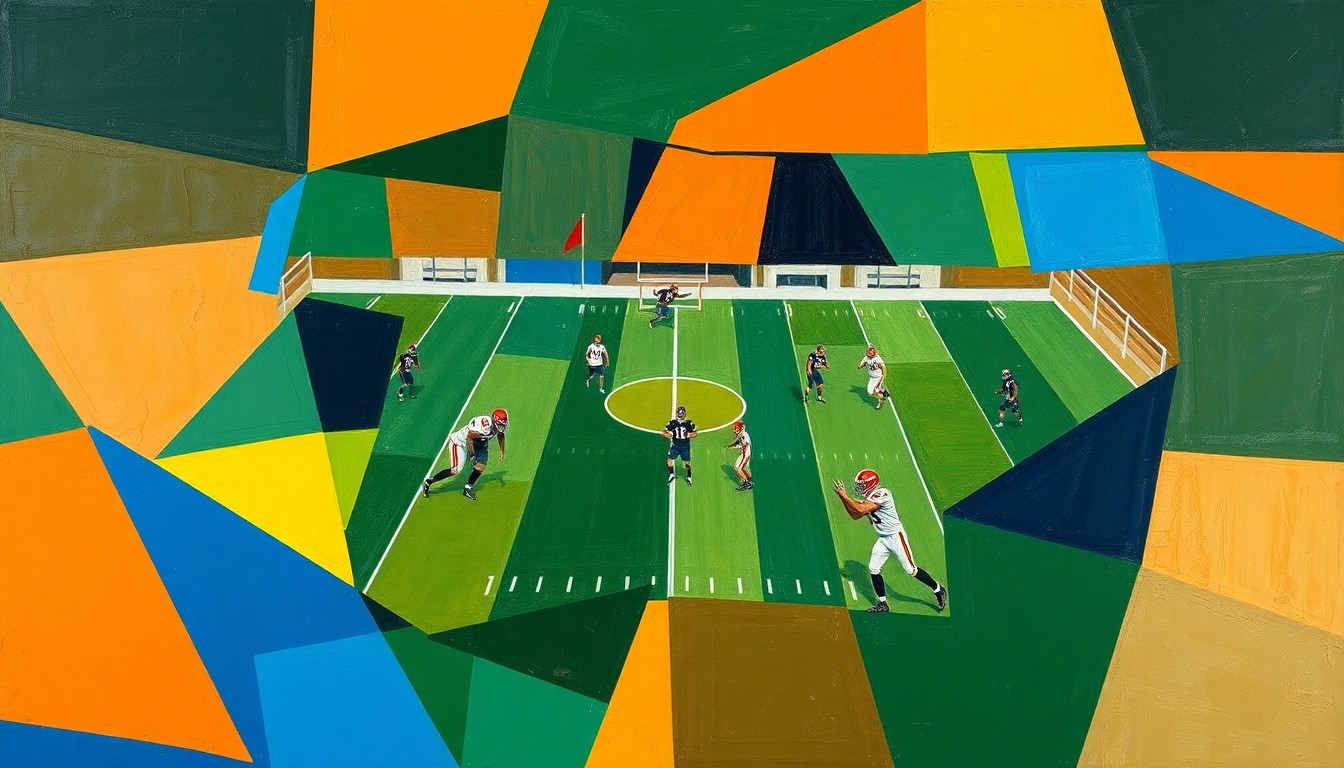 A cubist, geometric painting depicting fragmented scenes of a football game or practice, with sharp, overlapping shapes in a palette of deep greens, royal blues, and burnt oranges, conveying the raw energy and movement of the sport.