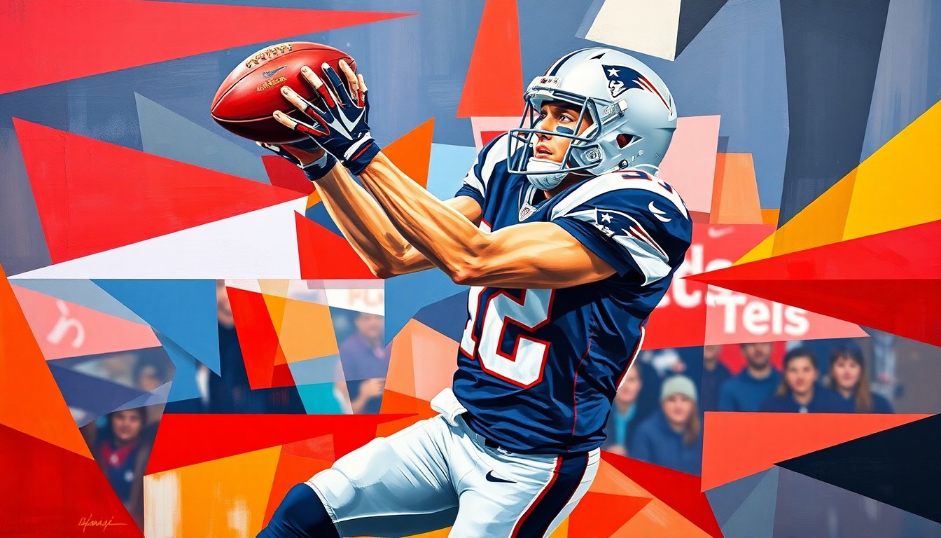 A fragmented, cubist-style painting depicting a football player making a catch, with sharp geometric planes in the Patriots' navy blue, red, and silver colors.