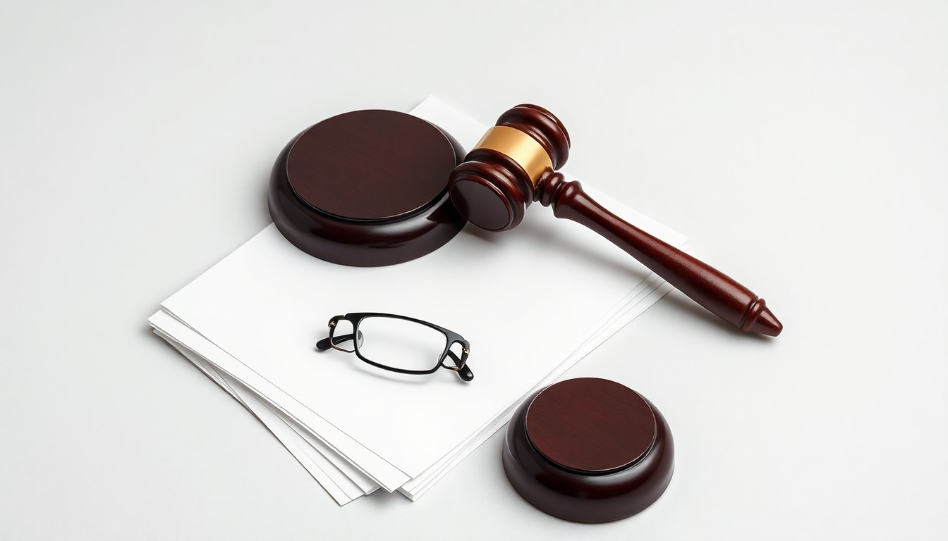 A photorealistic studio still life featuring a stack of legal documents, a gavel, and a pair of reading glasses, symbolizing the abstract corporate strategy and legal risks associated with the securities fraud investigation.