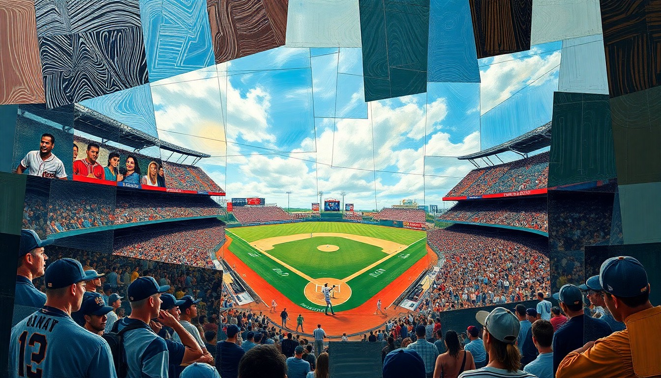 A cubist, geometric painting depicting a baseball game or match, with sharp, overlapping planes of color and shape representing the fragmented and unpredictable nature of the sport.