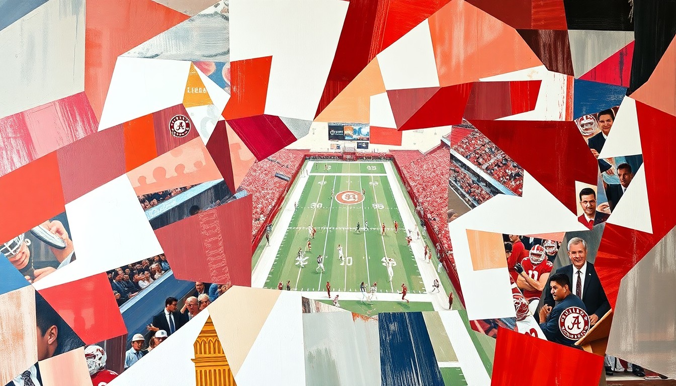 A cubist, geometric painting depicting a college football game, with the players and field broken down into sharp, overlapping planes of crimson and white colors.
