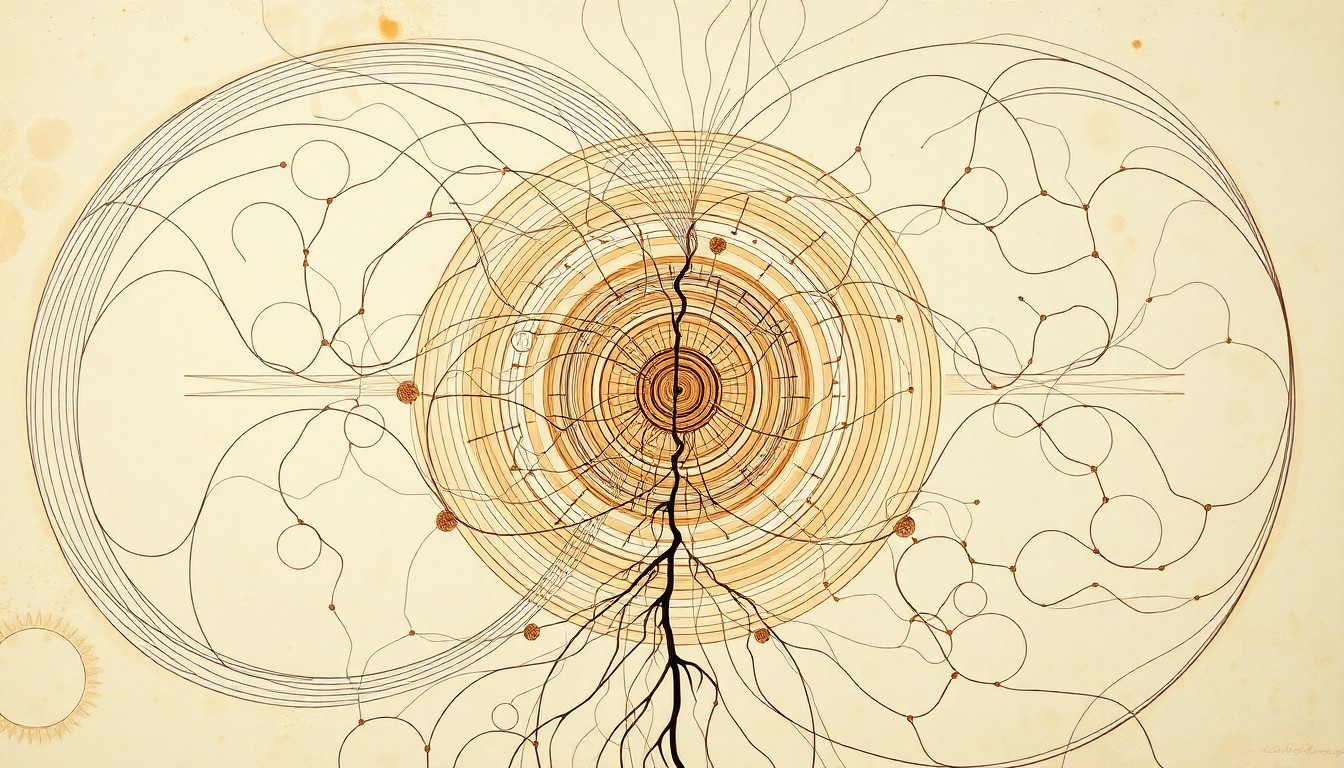 A highly structured abstract painting featuring sweeping geometric arcs, concentric circles, and precise botanical spirals in earthy tones, conceptually representing the complex neural networks that govern human hand and arm movements.