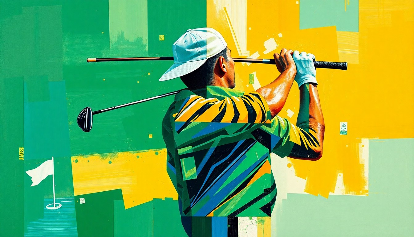 A fractured, cubist-style painting depicting a golfer's swing and club deconstructed into sharp, overlapping geometric shapes in vibrant colors, conceptually representing the innovative and disruptive nature of Bryson DeChambeau's self-made golf club experiment.