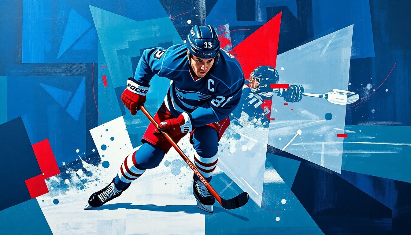 A fractured, multi-perspective painting depicting the movements and actions of a hockey player, broken down into sharp, overlapping geometric planes in vibrant colors like navy blue, crimson red, and metallic silver, conceptually representing the unconventional path of an undrafted player making it to the NHL.