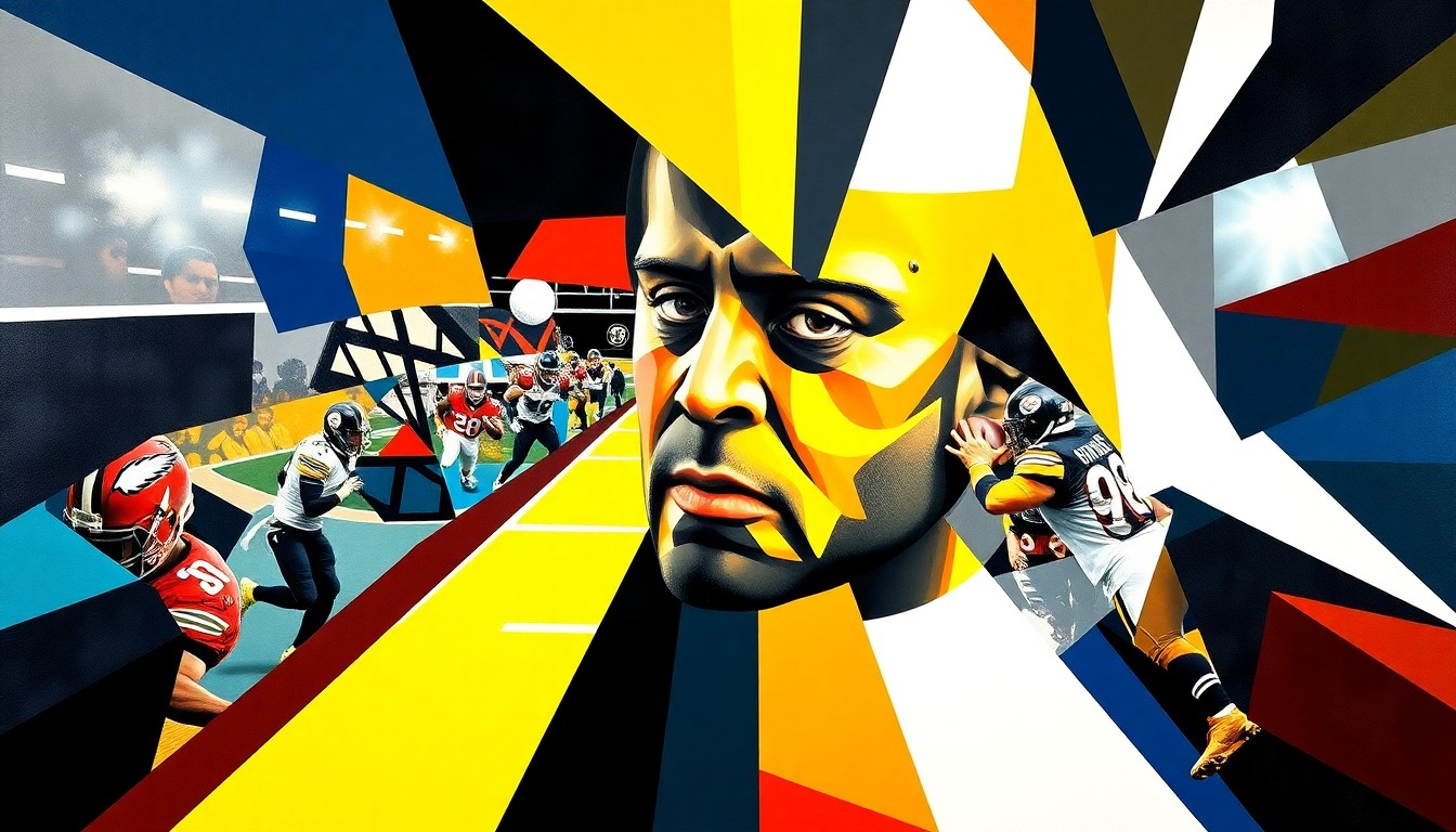 A cubist, geometric painting depicting a fragmented football field with players and equipment in the team colors of the Pittsburgh Steelers and their opponents, representing the end of an era for the franchise.