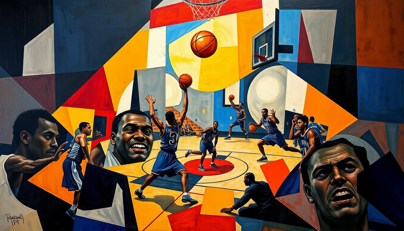 A fractured, cubist-style painting depicting an abstract basketball game, with players represented as overlapping geometric shapes and forms, their movements and strategies broken down into a complex visual composition.