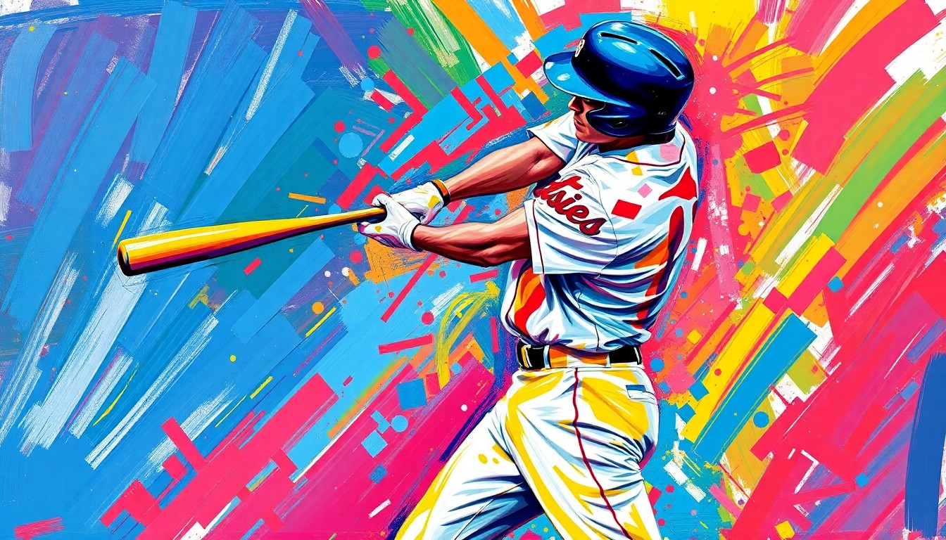 An abstract, energetic painting featuring bold, neon-colored brushstrokes that capture the explosive power and dynamic motion of a baseball player swinging and connecting with the ball, conveying the excitement and potential of a young prospect's standout performance.