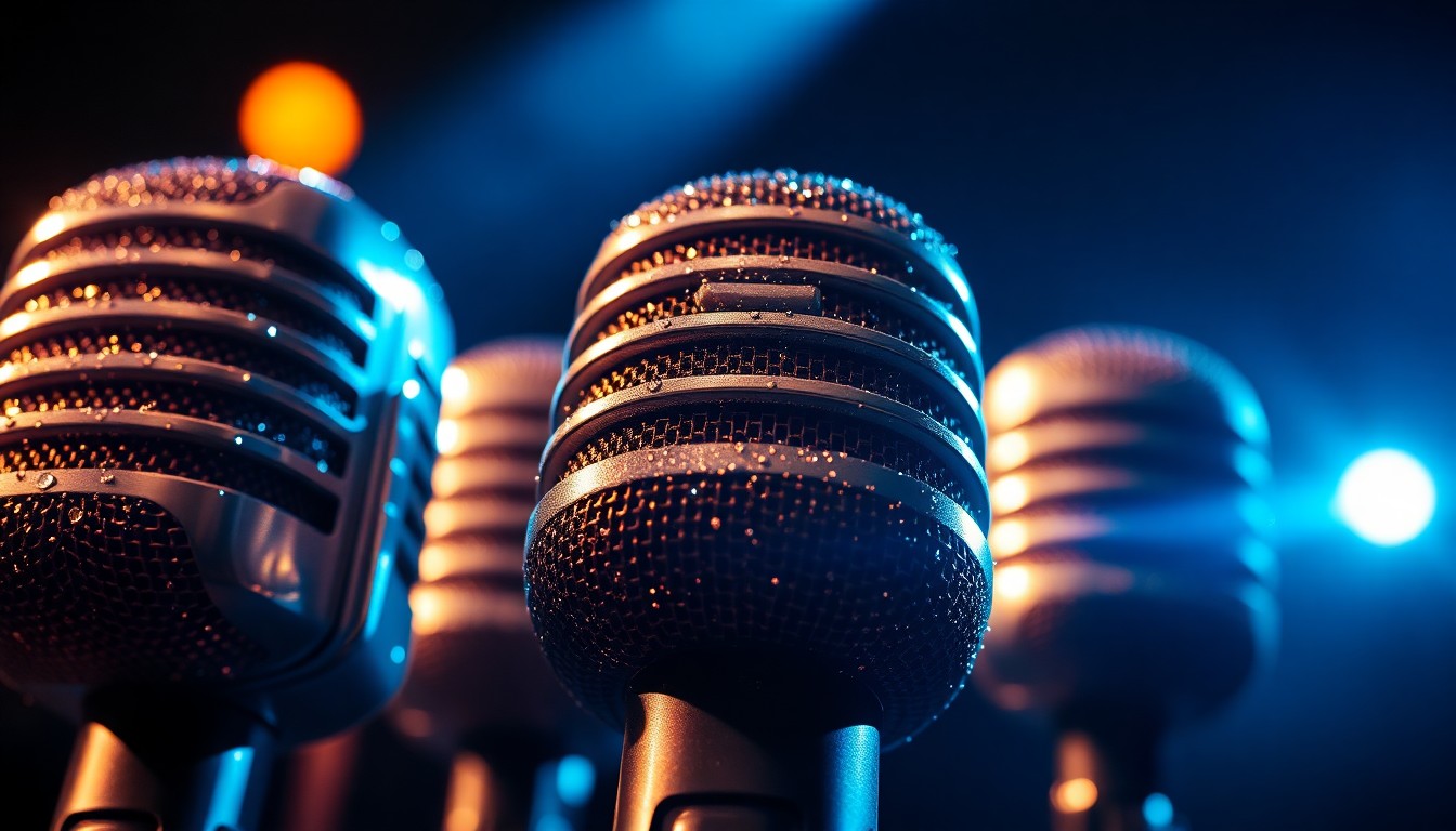 An extreme close-up photograph of a glittering, textured country music microphone in dramatic high-contrast studio lighting, conceptually representing the glamour and pressure of live performances.