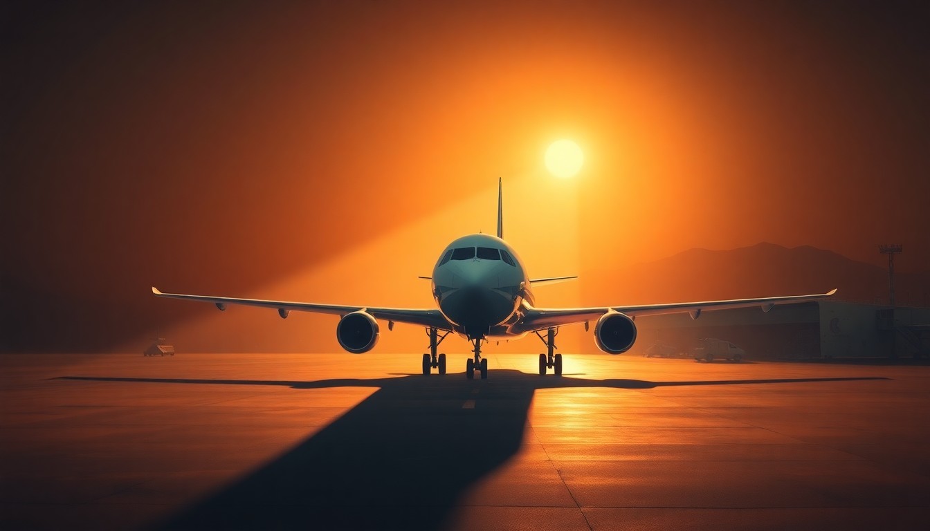 A serene, cinematic painting of a plane landing at a dimly lit airport, with the Pope's plane reflected in the tarmac and warm sunlight casting long shadows across the scene, conveying a sense of quiet contemplation and diplomatic outreach.